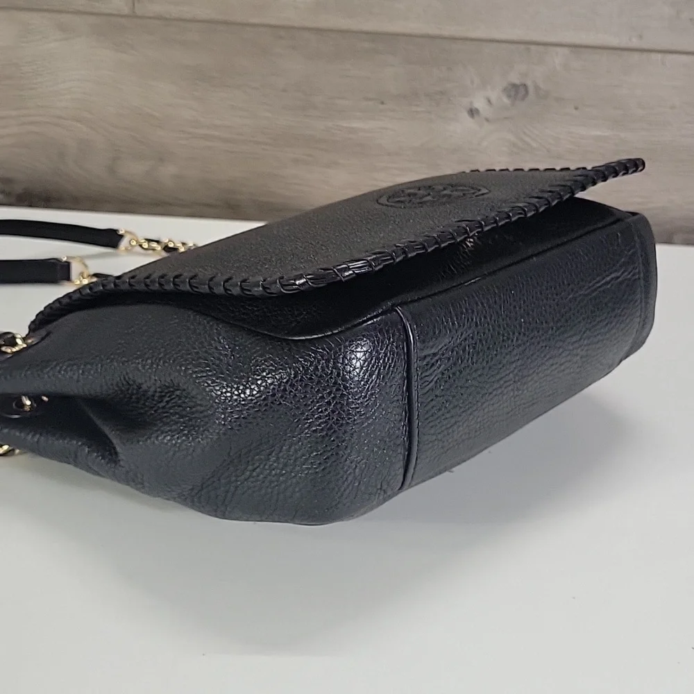 Tory Burch Flap Front Pebble Black Leather Shoulder Bag with Gold Chain-Strap